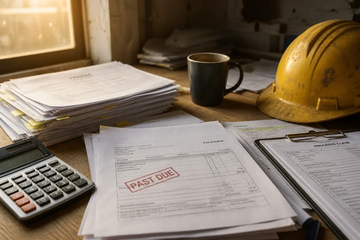 Unpaid invoices and claim paperwork waiting on a construction office desk