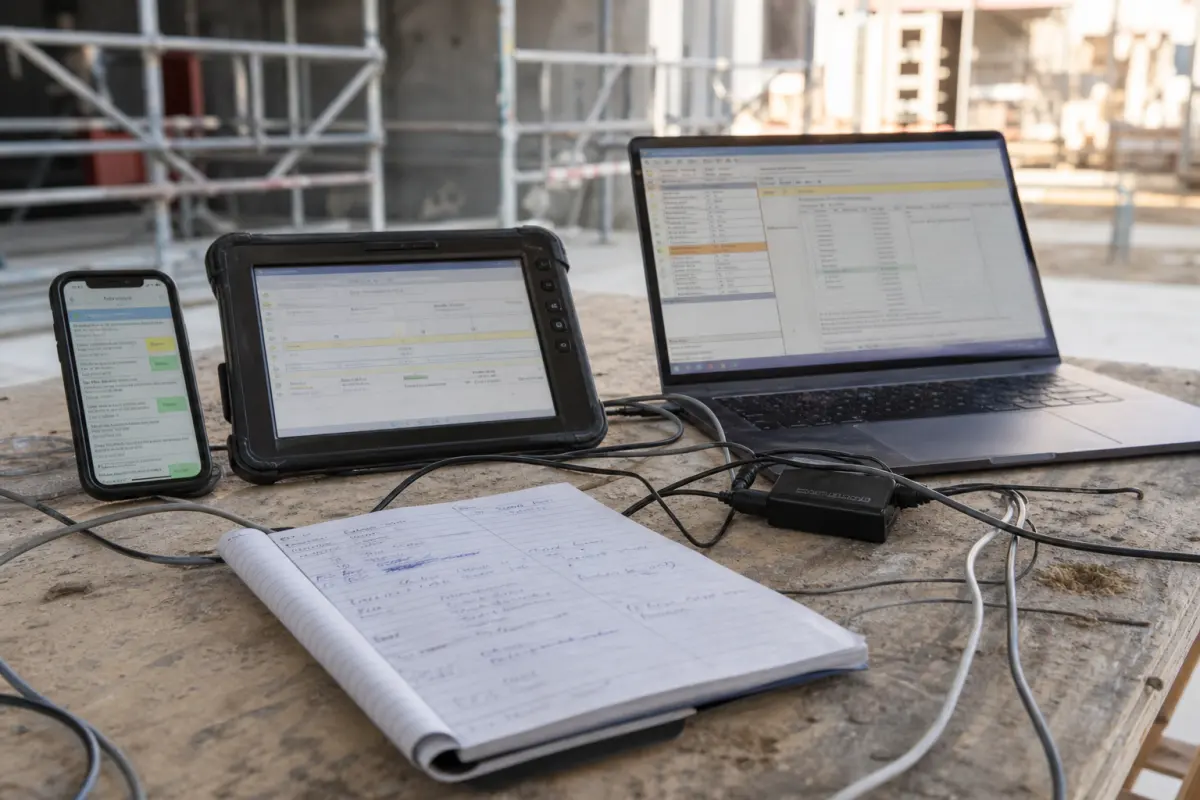 Phone, tablet, laptop and paper notes showing different versions of the same job
