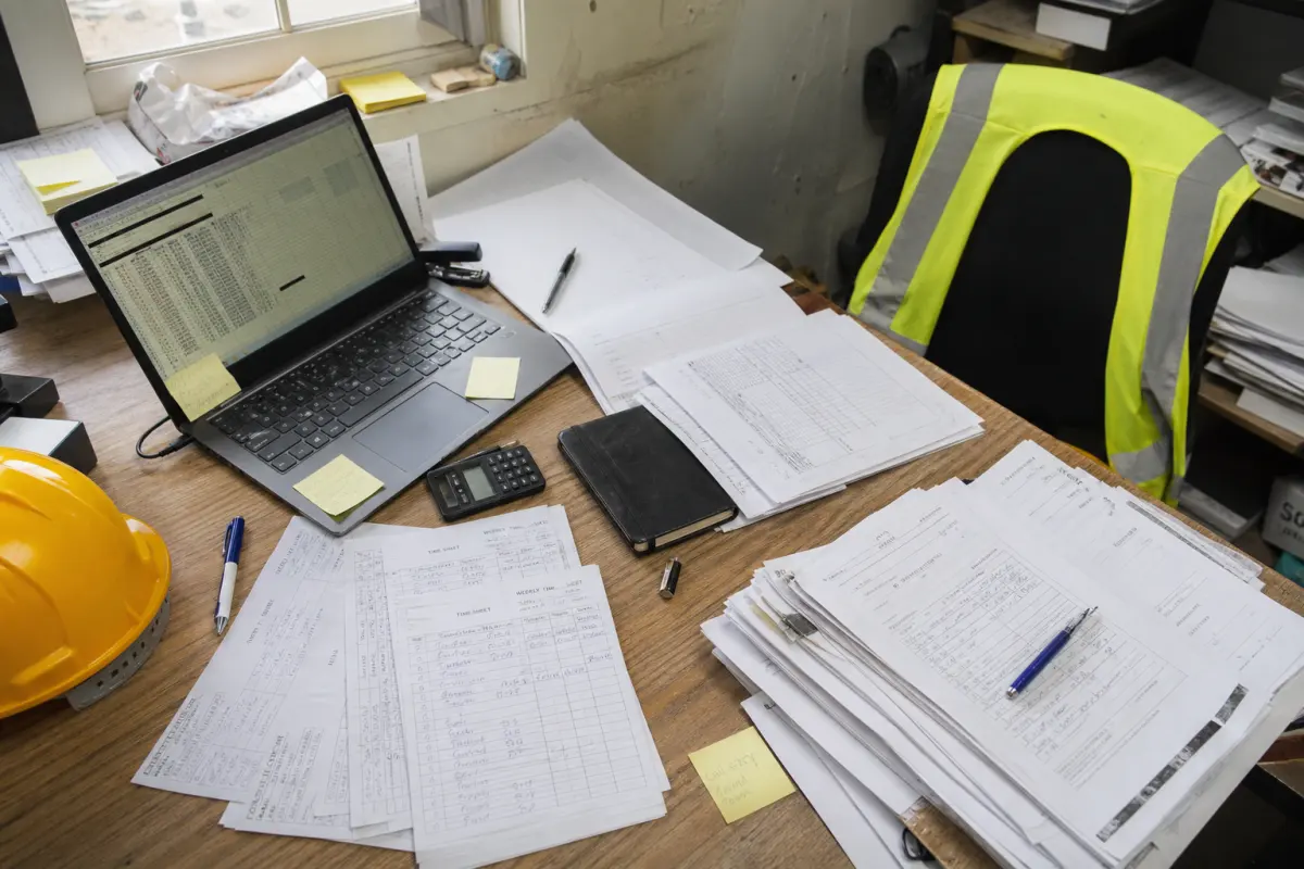 Timesheets and job paperwork piled for retyping on a site office desk