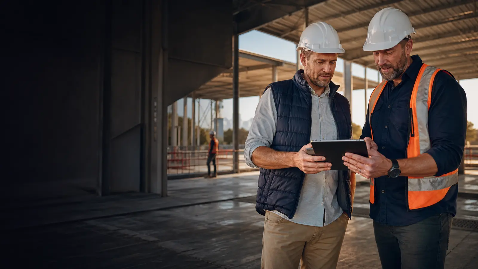 Construction managers reviewing project information on site