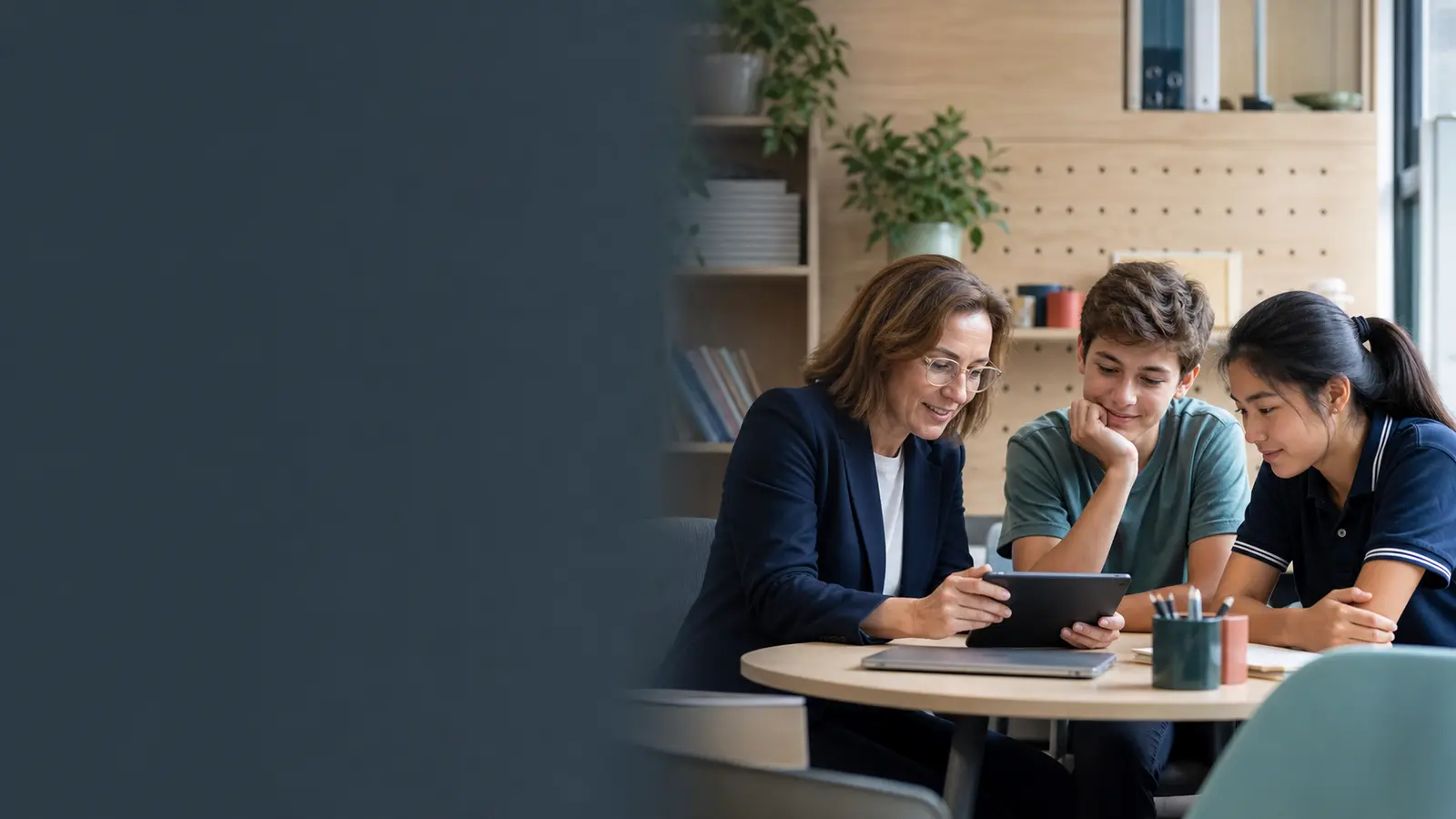 An educator and students exploring a digital learning experience