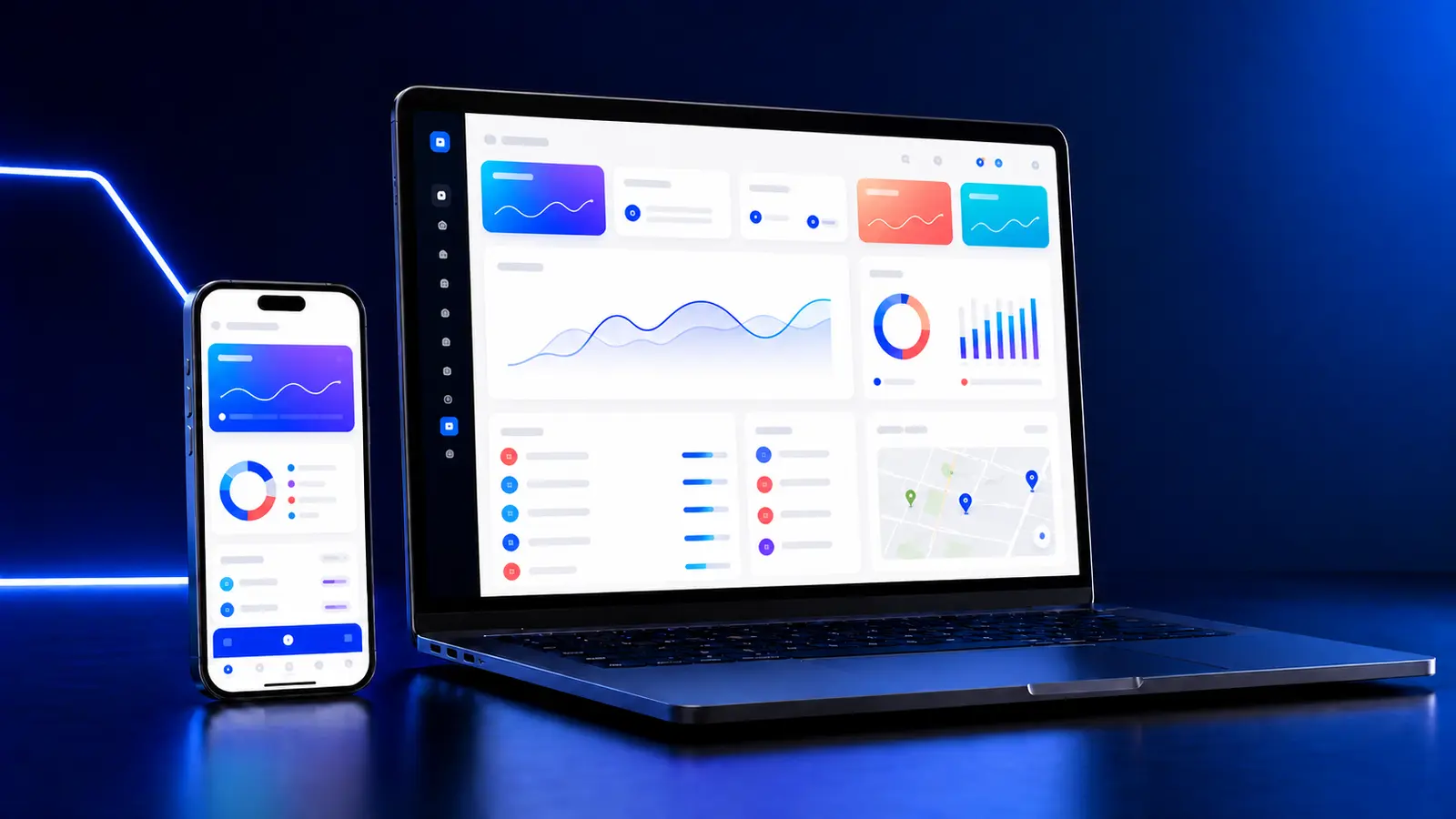 A luminous mobile app and web dashboard displayed on a smartphone and laptop